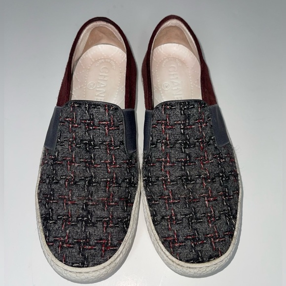 CHANEL Shoes - CHANEL CC Slip-On Sneakers Suede Plaid Tweed Size 37.5 / 7
